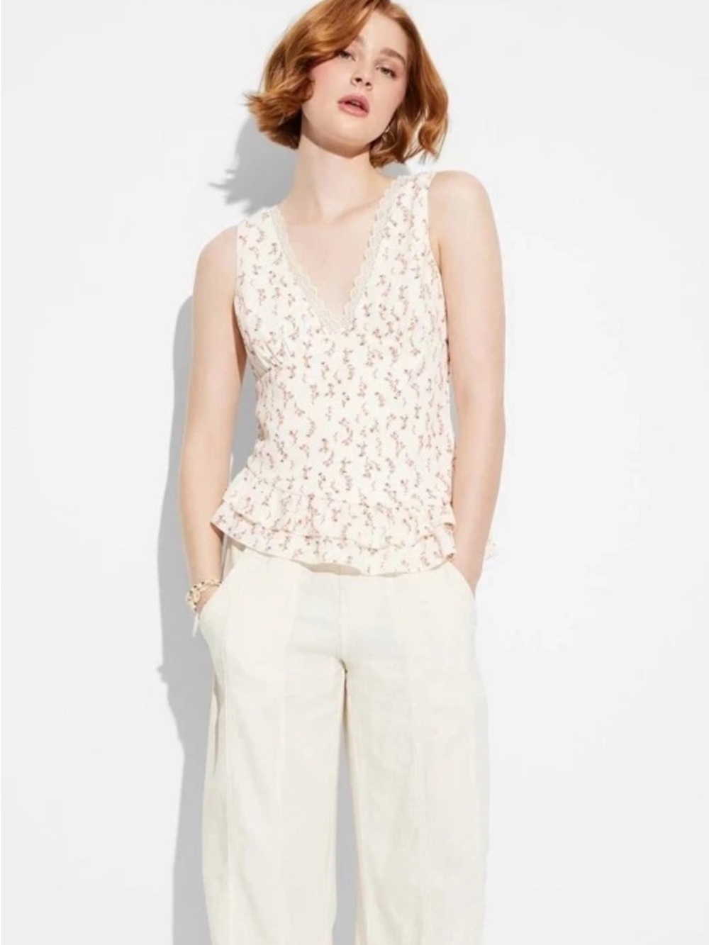 NEW wild fable Cream Floral Lace-Trim V-Neck Peplum Tank
